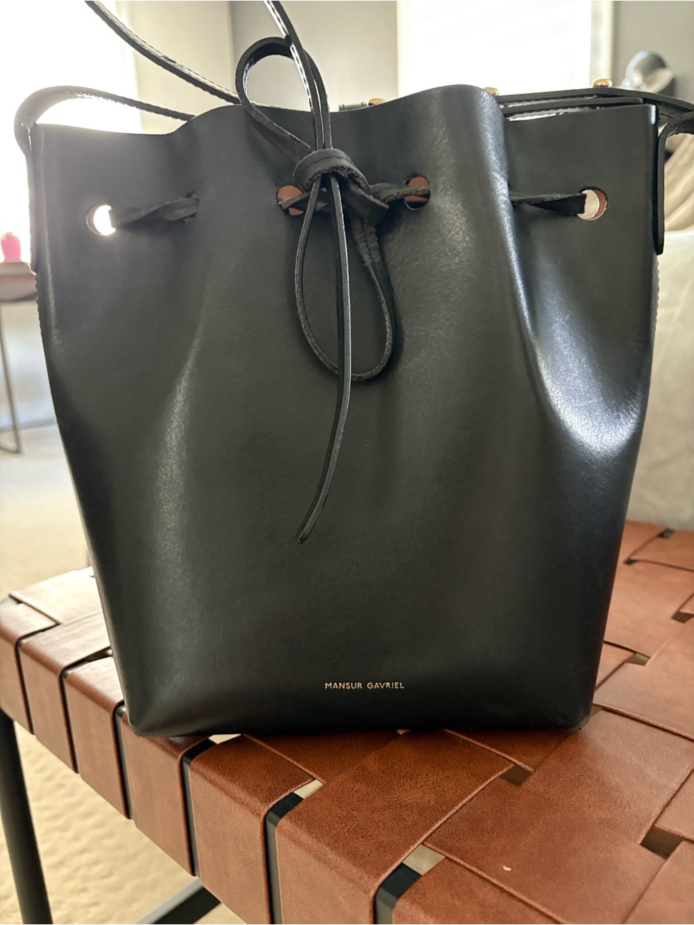 Mansur Gavriel Black Leather Drawstring Bucket Bag